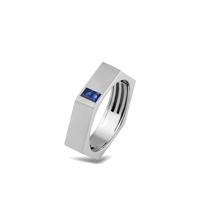 Anel Sextavado em ouro branco e Safira