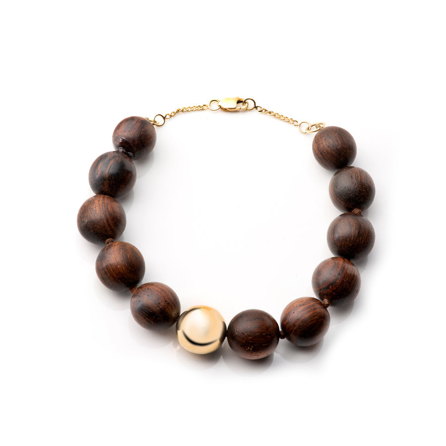 Pulseira Esferas em Madeira Jacarandá e ouro 18k