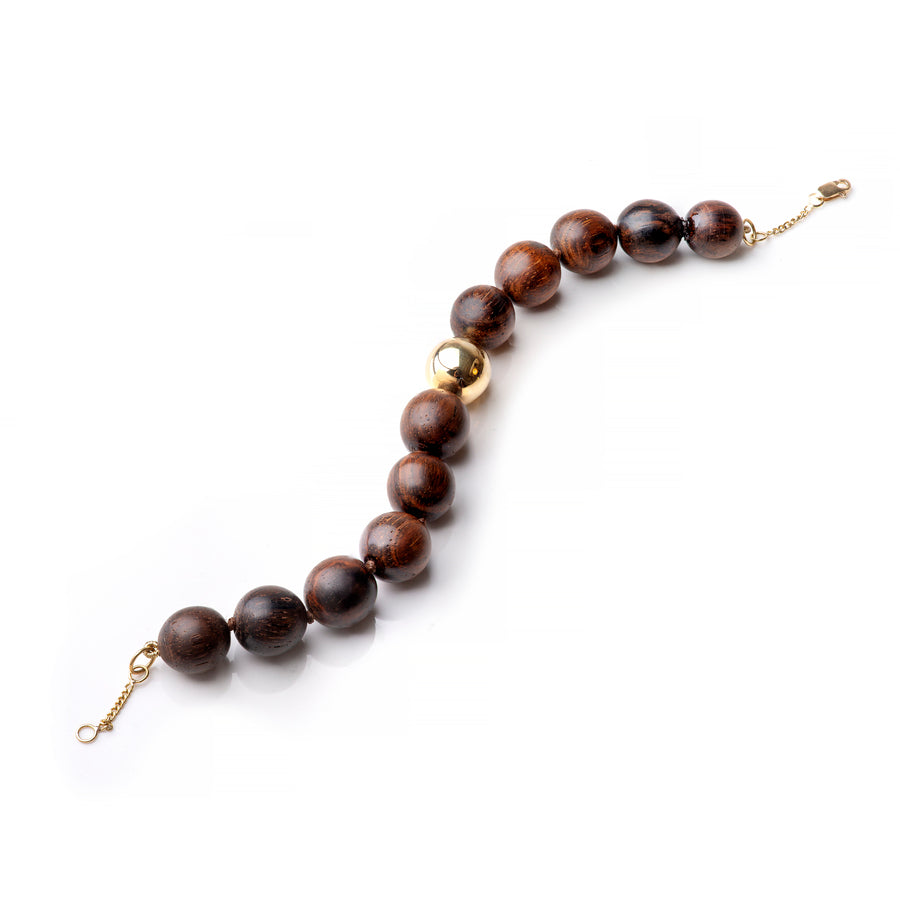Pulseira Esferas em Madeira Jacarandá e ouro 18k
